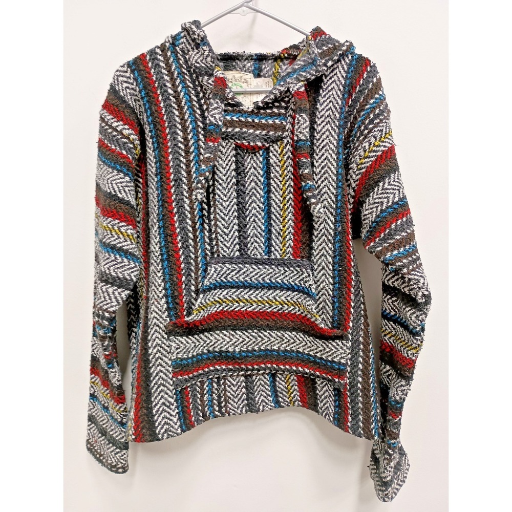Vintage‎ Baja Job Mexican Hoodie Mens Medium Striped BOHO Hippie Grunge Pullover